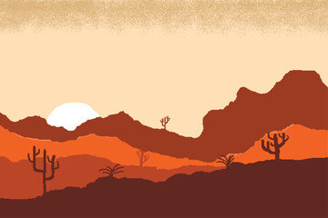 vector graphic illustration of pixel art desert atmosphere in the afternoon when the sun is going down and there is a shadow of a cactus tree
