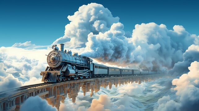 The train takes off from the rail into the sky. Cartoon style characters Design. Concept Art Scenery. Book Illustration Video Game Scene. Serious Digital Painting. CG Artwork Background. Generative AI