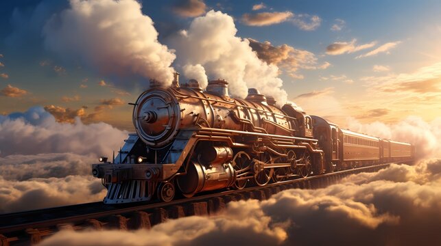 The train takes off from the rail into the sky. Cartoon style characters Design. Concept Art Scenery. Book Illustration Video Game Scene. Serious Digital Painting. CG Artwork Background. Generative AI