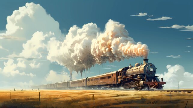 The train takes off from the rail into the sky. Cartoon style characters Design. Concept Art Scenery. Book Illustration Video Game Scene. Serious Digital Painting. CG Artwork Background. Generative AI