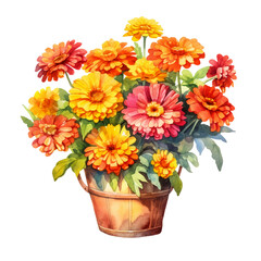 A watercolor bushel basket of red, orange, yellow, zinnias flowers bouquet Sublimation Transparent Background.