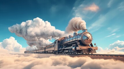 The train takes off from the rail into the sky. Cartoon style characters Design. Concept Art Scenery. Book Illustration Video Game Scene. Serious Digital Painting. CG Artwork Background. Generative AI - 618429320