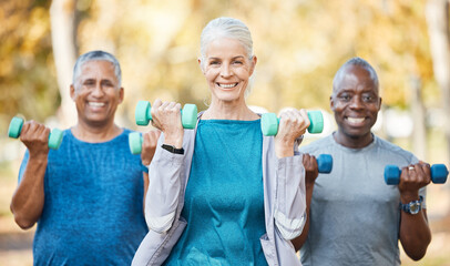 Weights, fitness and portrait of senior people doing a strength arm exercise in an outdoor park. Sports, wellness and group of elderly friends doing a workout or training class together in nature. - Powered by Adobe