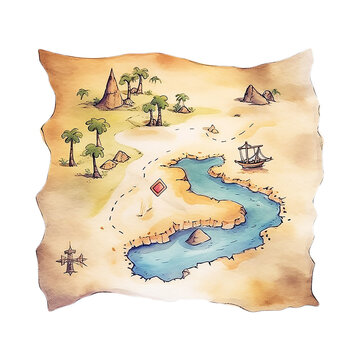 Treasure Map Old Paper - Cute Hand Painted Style - Childish Watercolor Drawing - Fairy Tale Fantasy - Generative AI