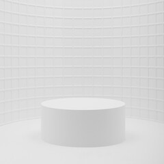 White abstract stage mockup as curved niche - one cylinder podium, tiny mosaic tile in refined minimalism style, template for presentation cosmetic products, spa, goods, advertising, showing, square.