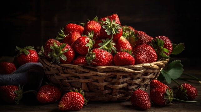 Closeup Fresh Re Strawberries in a bamboo basket with blur background