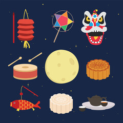Mid Autumn Festival or Moon Festival vector set. Lantern, lion dance, drum, full moon, moon cake, tea set cartoon clipart, flat design © Vinh