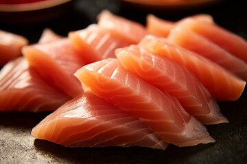 Close-up top view of ingredients Salmon, Japanese food. AI Generated.