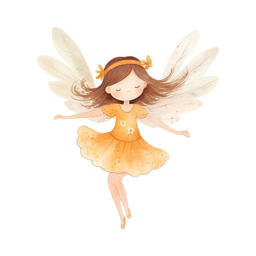 Little Fairy Girl Yellow - Cute Hand Painted Style - Childish Watercolor Drawing - Fairy Tale Fantasy - Generative AI