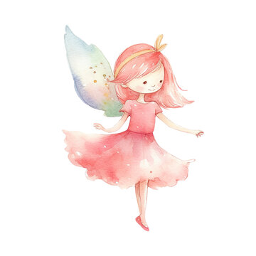 Little Fairy Girl Pink - Cute Hand Painted Style - Childish Watercolor Drawing - Fairy Tale Fantasy - Generative AI