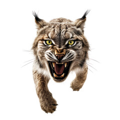 close-up portrait of a wild lynx, attacks, jumps towards the camera, angry animal grin, isolated