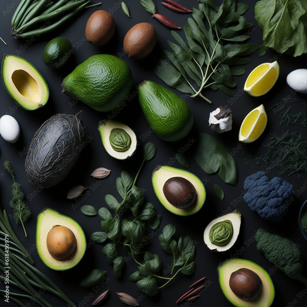 Poster AI generated fresh avocados surrounded by green leaves on dark background