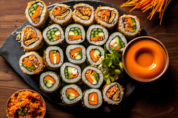 Close-up top view of ingredients sushi, Japanese food. AI Generated.