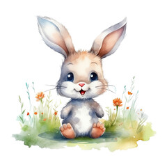 Watercolor cute little rabbit on meadow. Happy farm animal illustration. Generative AI