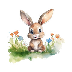 Watercolor cute little rabbit on meadow. Happy farm animal illustration. Generative AI