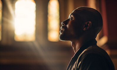 Prayer, christian and thinking with black man in church for god, holy spirit and spirituality. Praying, ai generated and connection with person and traditions for faith, mindfulness and Christianity