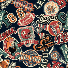 College American football team vintage badges patches and symbols collage vector seamless pattern 