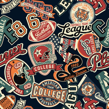 College American Football Team Vintage Badges Patches And Symbols Collage Vector Seamless Pattern 