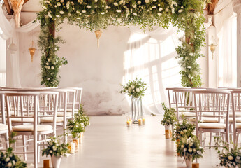 Fototapeta na wymiar Beautiful interior of wedding with big window and flowers. Generative AI