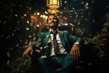  Millionaire's Success. Businessman Making Money Rain While Seated. AI Generative
