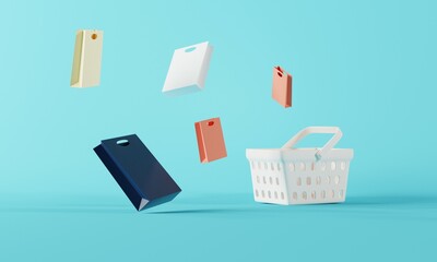 shopping basket and paper bags.online store banner,delivery and shopping online concept.3D rendering illustration