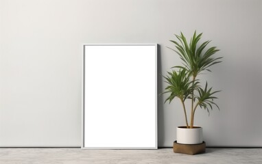 White frame mockup on light grey wall with green plant in vase, blank vertical frame with copy space. Contemporary interior mockup.