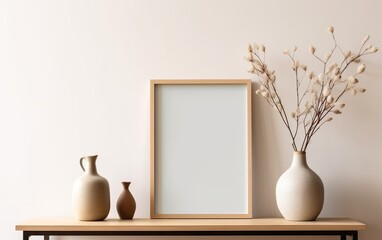 Wooden frame mockup on shelf over beige wall with flowers in vase, blank vertical frame with copy space. Contemporary interior mockup.