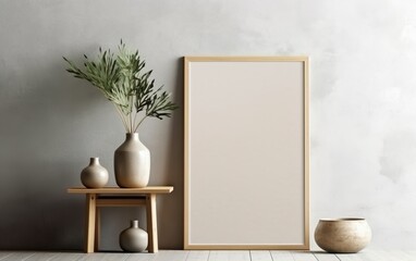 Blank vertical frame mockup for artwork or print on gray wall with green plants in vase, copy space, minimalist scandinavian design scene, modern interior mockup
