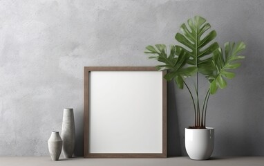 Empty frame with copy space on shelf over grey wall with flowers in vase, blank vertical frame, minimalist design scene, modern interior mockup