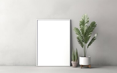 Blank vertical frame mockup for artwork or print on gray wall with green plants in vase, copy space, minimalist design scene, modern interior mockup