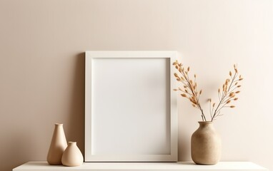 Wooden frame mockup on shelf over beige wall with flowers in vase, blank vertical frame with copy space. Contemporary interior mockup.