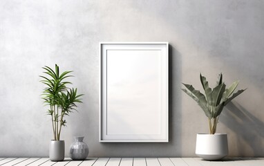 Vertical white frame mockup with vase decor and green plants over grey wall interior, sunlight and foliages leaves shadow.  blank mockup with copy area.