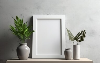 Vertical wooden frame mockup with vase decor and green plants on shelf over grey wall interior, blank mockup with copy area.