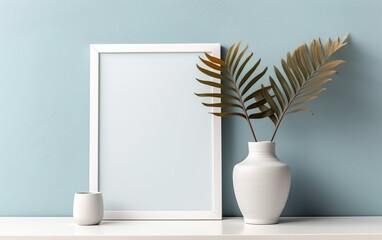 Vertical wooden frame mockup with vase decor and green plants over blue wall interior, blank mockup with copy area.