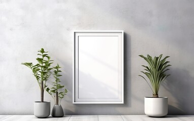 Wooden frame mockup over grey wall with green plants in vase, blank vertical frame with copy space. Sunlight and foliages leaves shadow. Contemporary interior mockup.