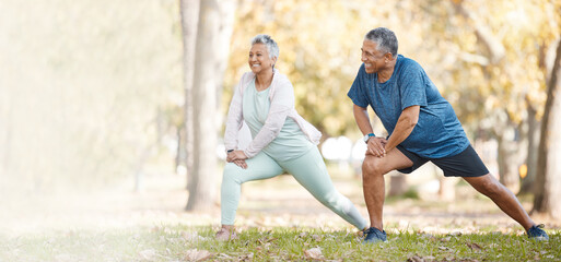 Fitness, stretching and senior couple in park for healthy body, wellness and active workout...