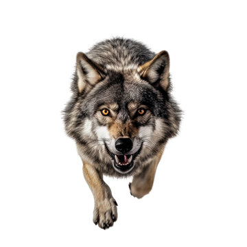 close-up portrait of a wild wolf, attacks, jumps towards the camera, angry animal grin, isolated
