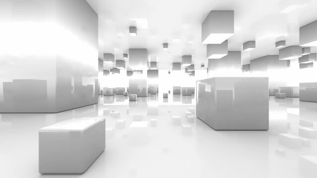 The background is a white room and many cubes.