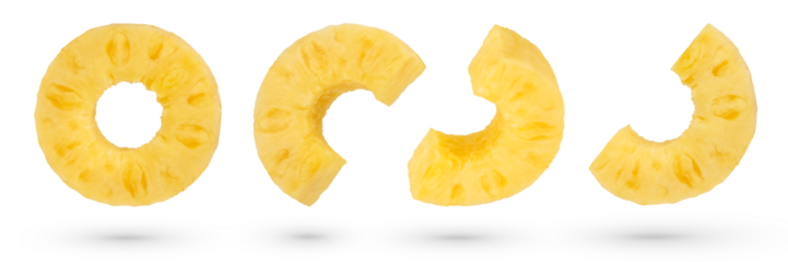 Pineapple slices on a white isolated background. Ripe pineapple cut into slices and rings. Pineapple isolate in various forms. To be inserted into a design or project.