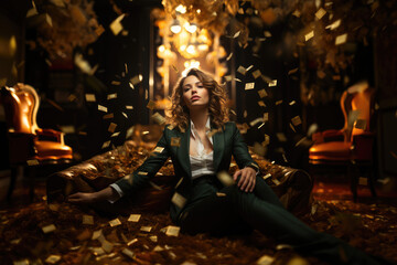 Prosperous Businesswoman. Throwing Dollars Money while Seated on Dark Teal and Gold Sofa. AI Generative