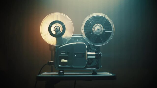 Old black movie projector on the blurred empty background