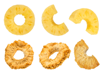 Pieces of pineapple on a white isolated background. Dried and ripe pineapples are cut into slices and rings. Pineapple isolate in different shapes. To be inserted into a design or project.
