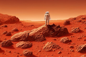 Ravishing digital illustration of Mars landscape feature with red surface and mountain with astronaut. Space exploration and martian on red planet concept by generative AI.