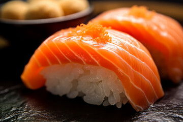 Sushi with salmon on the plate, Japanese food. AI Generated., Japanese food. AI Generated.