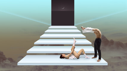 Love, passion, feelings. Young man taking off his shirt, woman lying on stairs over abstract background. Contemporary art collage. Concept of surrealism, futurism, creativity, imagination, fantasy, ad