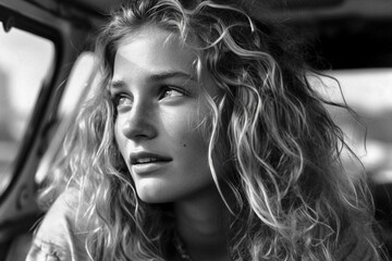 AI generated illustration of a grayscale of a hippie van life girl at a music festival
