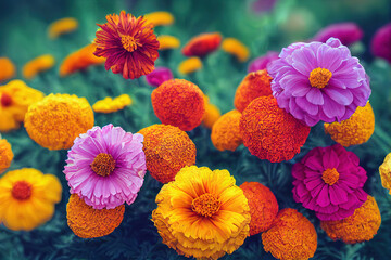 Ravishing realistic illustration field of vivid and blossom marigold flowers in the meadow during spring time. Natural floral background with realistic detail by Generative AI.
