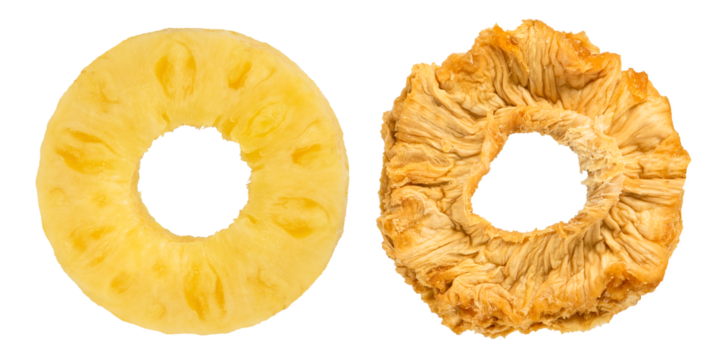 Pineapple rings on a white isolated background. Concept or process of fruit drying. Rings of ripe and dried pineapple as a method of processing and harvesting dried fruits.