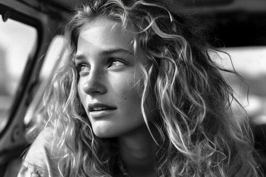 AI generated illustration of a grayscale of a hippie van life girl at a music festival - Powered by Adobe