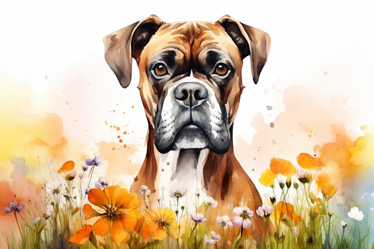 Watercolor painting of a beautiful boxer dog in a colorful flower field. Ideal for art print, greeting card, springtime concepts etc. Made with generative AI.
